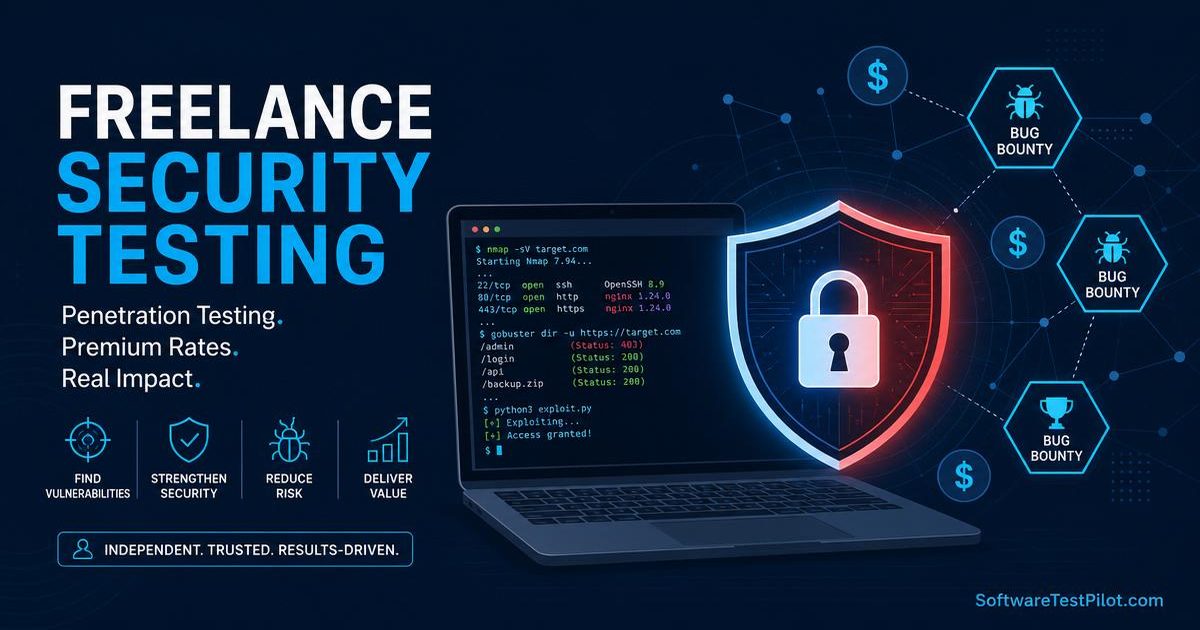 Freelance security testing editorial cover — laptop with terminal, glowing shield padlock, bug-bounty hexagons, and premium-rate dollar accents on a dark navy background.
