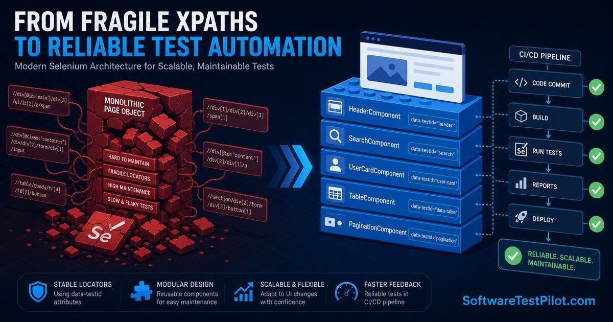 Split illustration comparing a fragile monolithic Selenium Page Object with a clean atomic component architecture wired into a green CI/CD pipeline