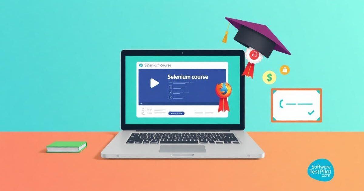 Flat editorial cover — laptop showing a Selenium video course with play button, graduation cap, certificate ribbon, and browser automation icons on a blue-teal gradient.