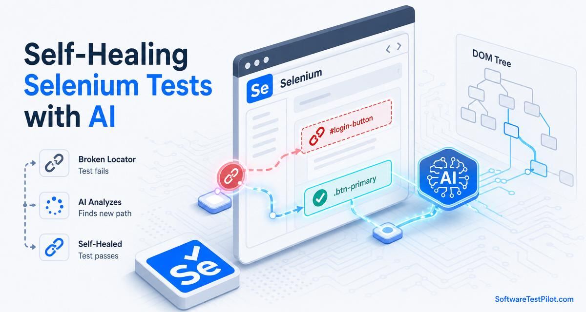 Self-healing Selenium test recovering from a broken locator with an AI-suggested fix highlighted in the IDE