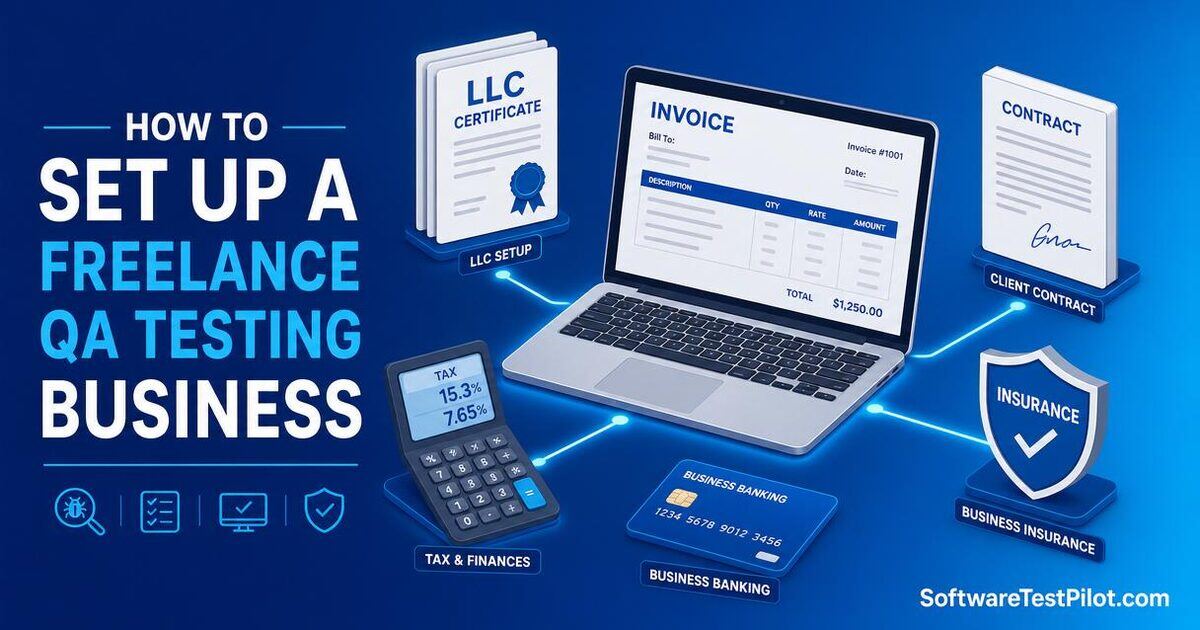 Flat editorial cover showing an isometric freelance QA business setup — laptop with invoice, LLC certificate, signed contract, tax calculator, insurance shield, and business banking card.