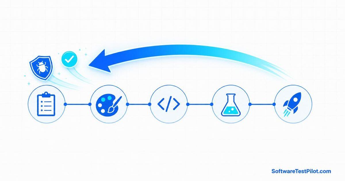 Shift-left testing in DevOps — flat editorial cover with SDLC pipeline icons and a leftward arrow pulling tests earlier.