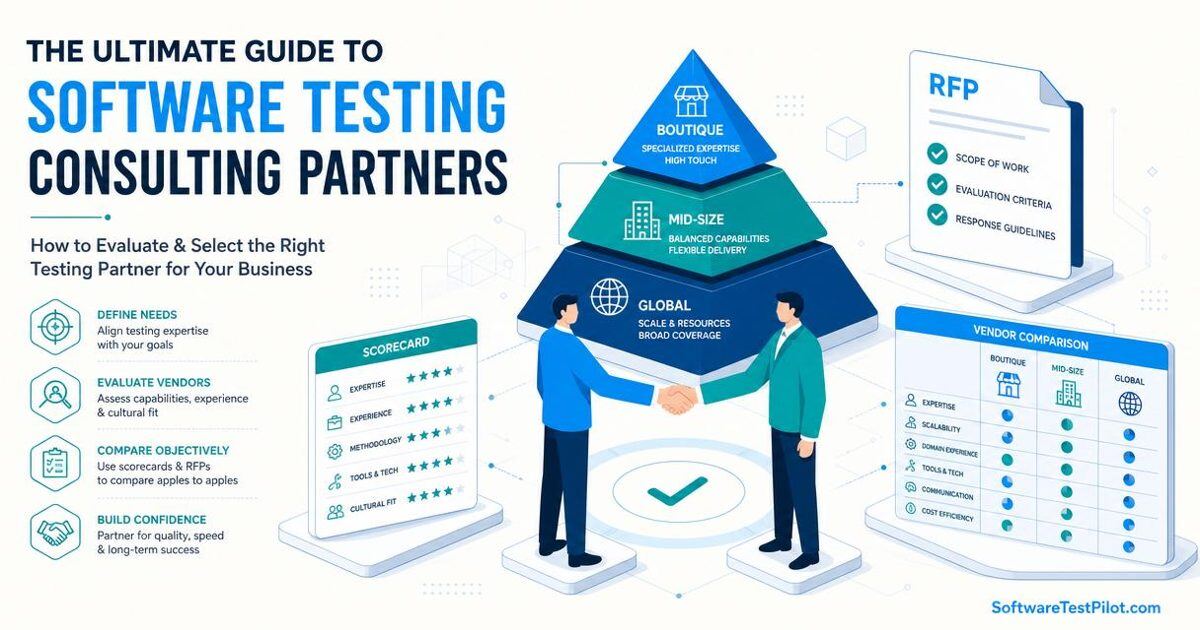 Software testing consulting firm guide cover — handshake icon between two consultants with a 3-tier vendor pyramid, RFP scorecard, and comparison chart.