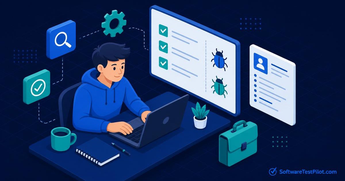 Student QA intern working on a laptop with test case checklist, bug reports, and resume for a software testing internship