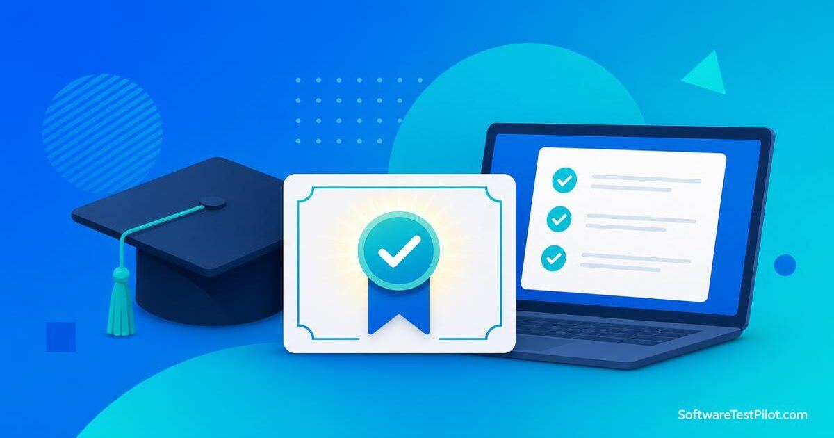 Software testing online course completion certificate with laptop, checklist, and graduation cap on a blue gradient
