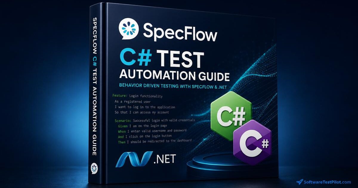 SpecFlow C# Test Automation Guide — 3D book cover with SpecFlow, C# and .NET logos