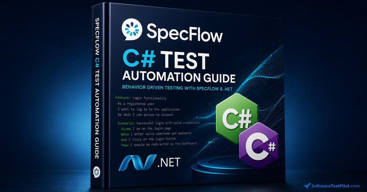 SpecFlow C# Test Automation Guide — 3D book cover with SpecFlow, C# and .NET logos