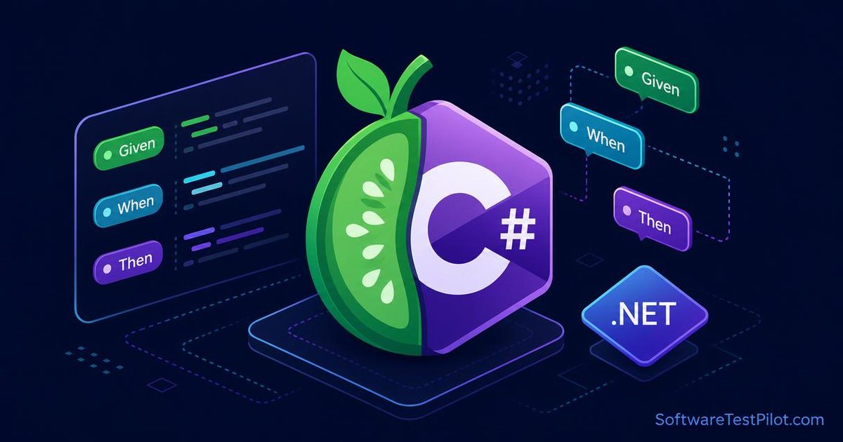 SpecFlow C# BDD tutorial cover — cucumber + C# emblem with Given/When/Then pills and .NET diamond on a dark editorial background.