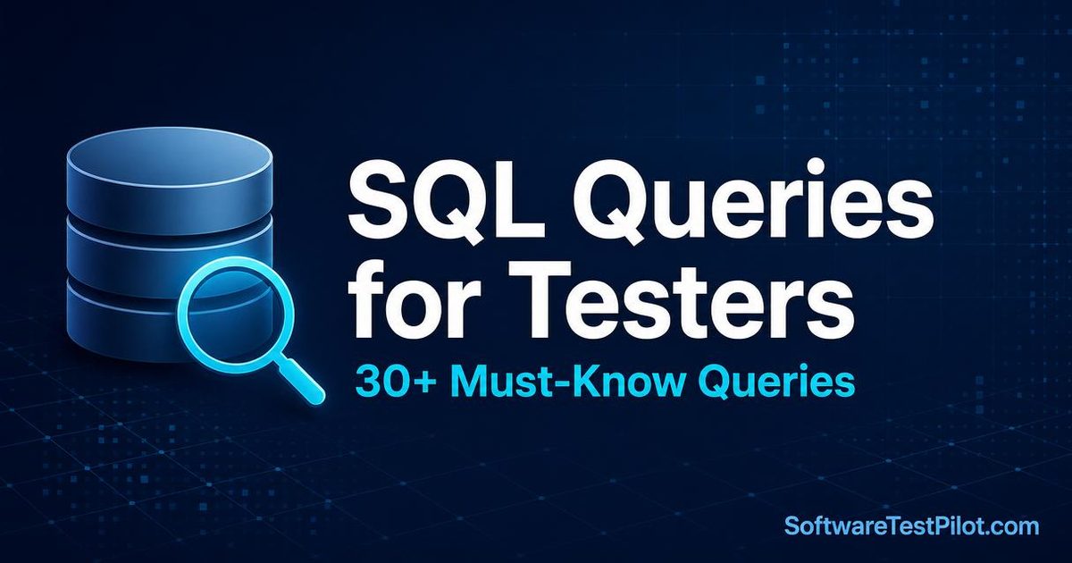 SQL queries for software testers cover — database cylinder with magnifying glass, 30+ must-know queries for QA and SDET roles.