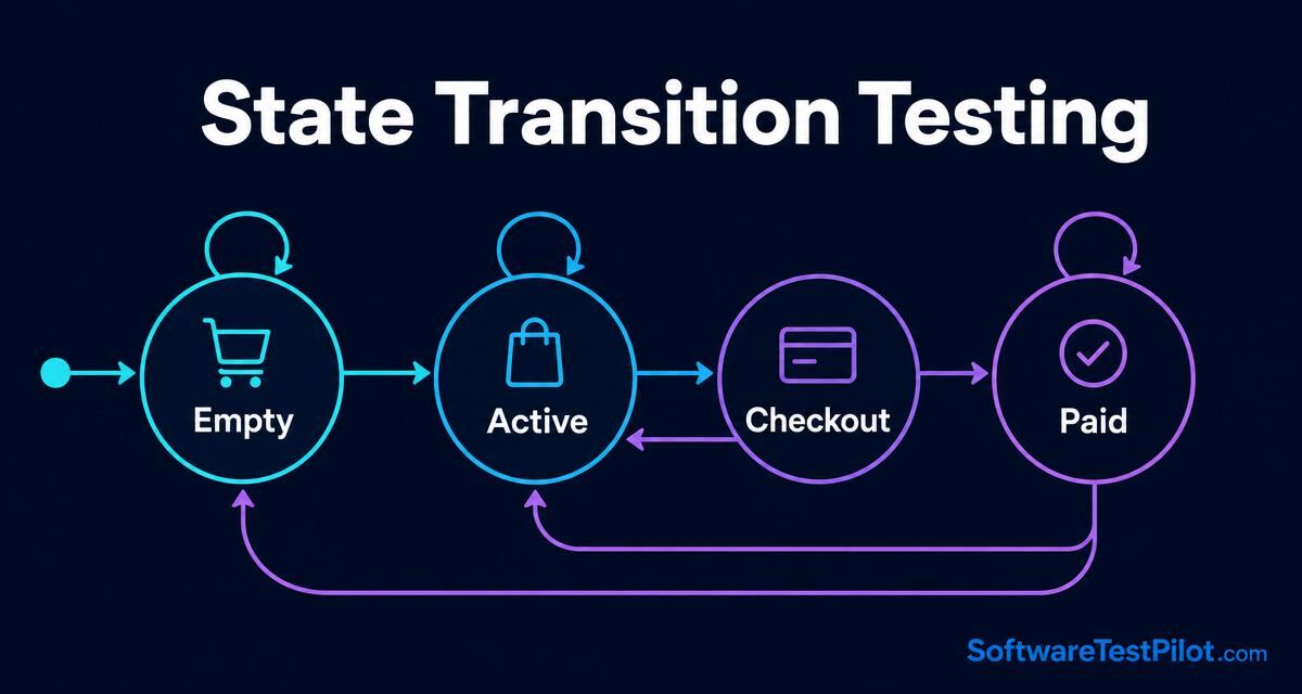Editorial cover showing a four-node state machine with directional arrows between Empty, Active, Checkout, and Paid states, titled State Transition Testing with the SoftwareTestPilot.com wordmark.
