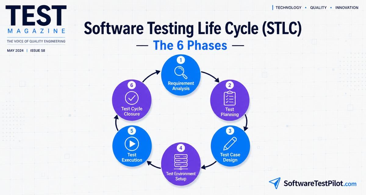 Software Testing Life Cycle STLC 2026 — isometric circular diagram of the 6 phases from requirement analysis to test cycle closure