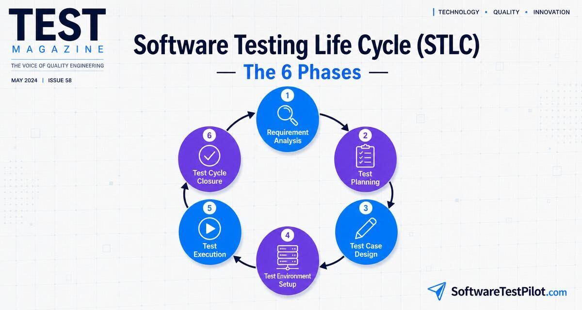 Software Testing Life Cycle STLC 2026 — isometric circular diagram of the 6 phases from requirement analysis to test cycle closure