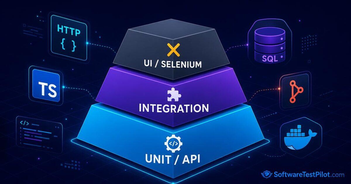 Inverted testing pyramid with UI/Selenium at the narrow top and Unit/API at the wide base, surrounded by HTTP, TypeScript, SQL, Git and Docker icons