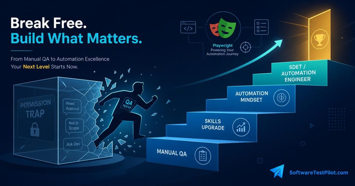Editorial flat illustration of a manual QA tester breaking out of a glass 'Permission Trap' box and climbing stairs from Manual QA to SDET/Automation Engineer, SoftwareTestPilot.com wordmark in the corner.