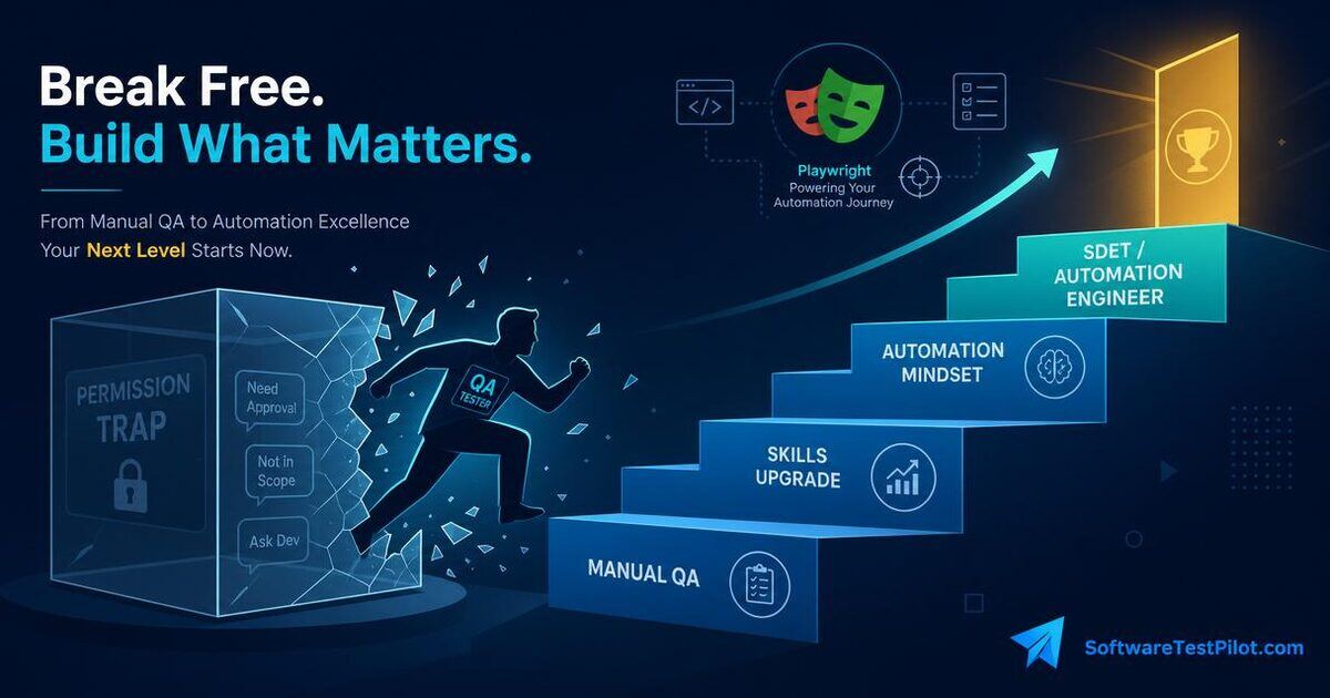 Editorial flat illustration of a manual QA tester breaking out of a glass 'Permission Trap' box and climbing stairs from Manual QA to SDET/Automation Engineer, SoftwareTestPilot.com wordmark in the corner.