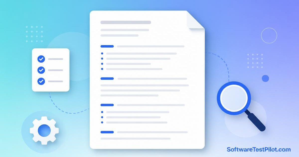 Test automation engineer job description template — flat editorial illustration of a job posting document with checklist, gear, and magnifying glass icons.