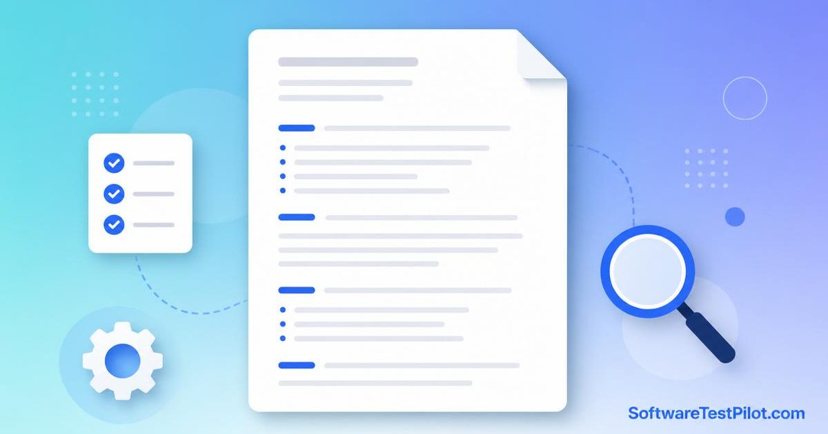 Test automation engineer job description template — flat editorial illustration of a job posting document with checklist, gear, and magnifying glass icons.