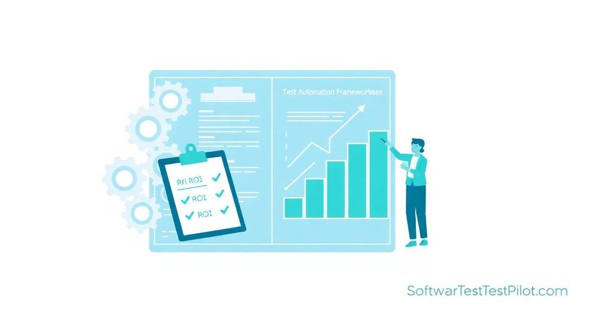 Test automation framework consulting — flat editorial illustration of consultant reviewing architecture blueprint with ROI bar chart and checklist.