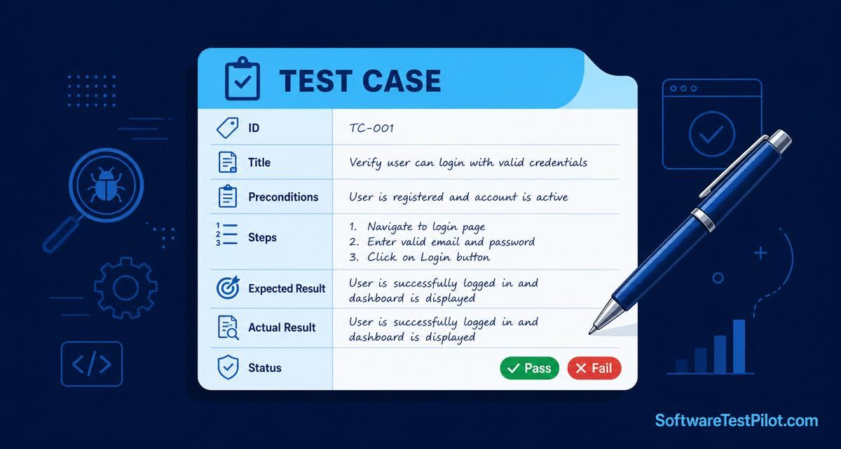 Editorial cover showing a test case card with fields ID, Title, Preconditions, Steps, Expected Result, Actual Result, Status, Pass/Fail badges, and the SoftwareTestPilot.com wordmark.
