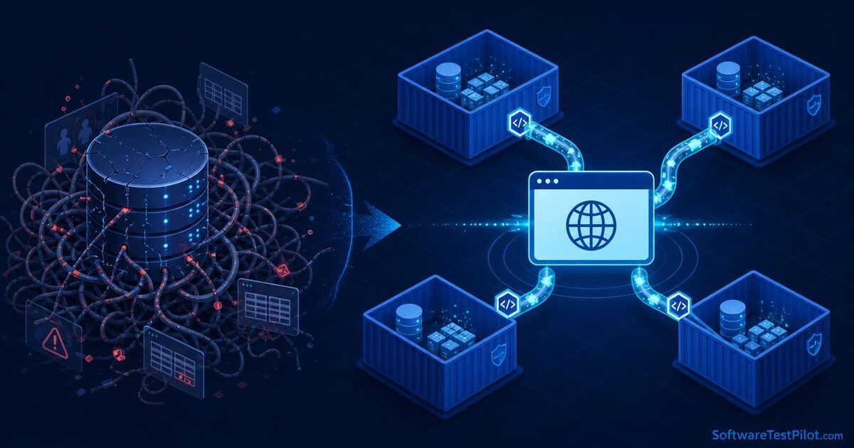 Isometric illustration contrasting a tangled shared staging database on the left with isolated ephemeral container sandboxes streaming clean data through API pipes into a browser under test on the right.