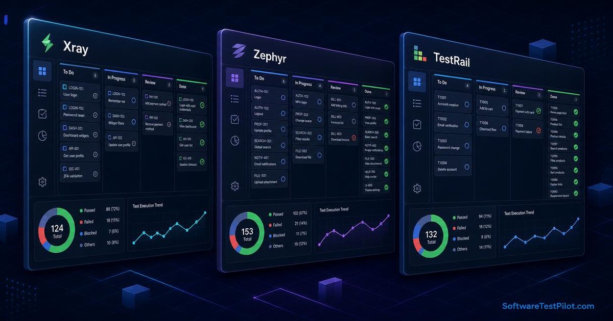Test management tools comparison cover — three side-by-side dashboards representing Jira Xray, Zephyr, and TestRail with kanban columns, pass/fail charts, and execution trends on a dark navy background.