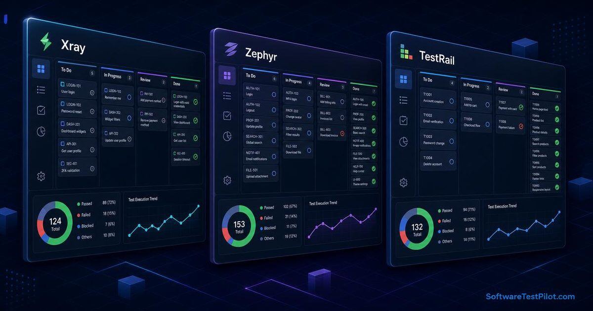 Test management tools comparison cover — three side-by-side dashboards representing Jira Xray, Zephyr, and TestRail with kanban columns, pass/fail charts, and execution trends on a dark navy background.