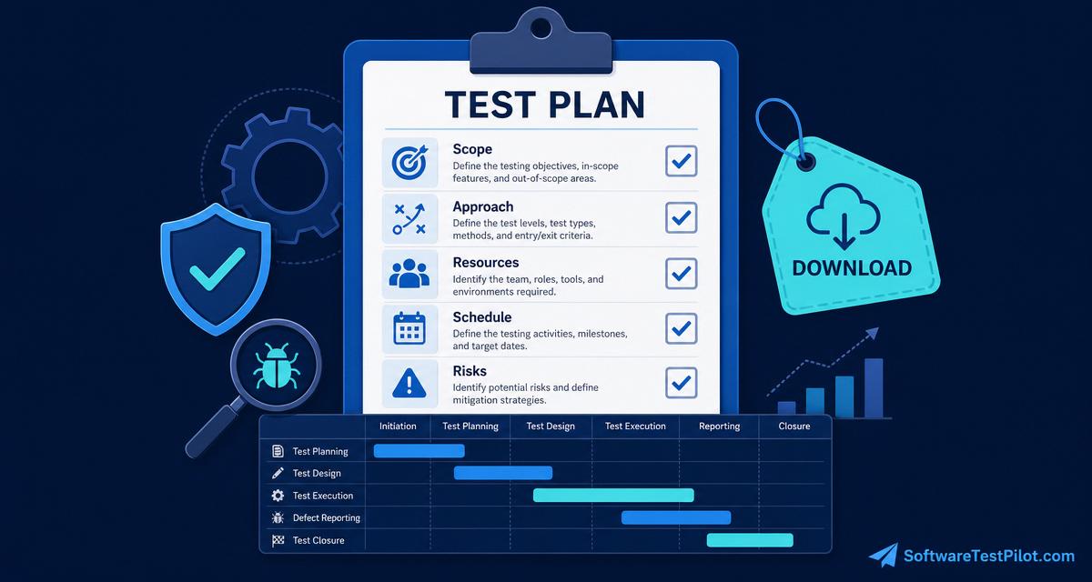 Editorial cover showing a test plan clipboard with sections Scope, Approach, Resources, Schedule, Risks, a Gantt-style timeline below, and the SoftwareTestPilot.com wordmark.