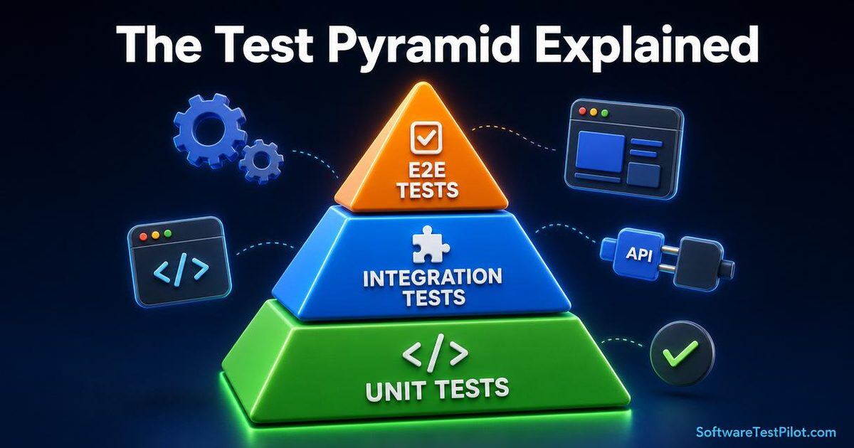 The Test Pyramid Explained — three-layer 3D pyramid with Unit Tests base, Integration Tests middle, and E2E Tests top.