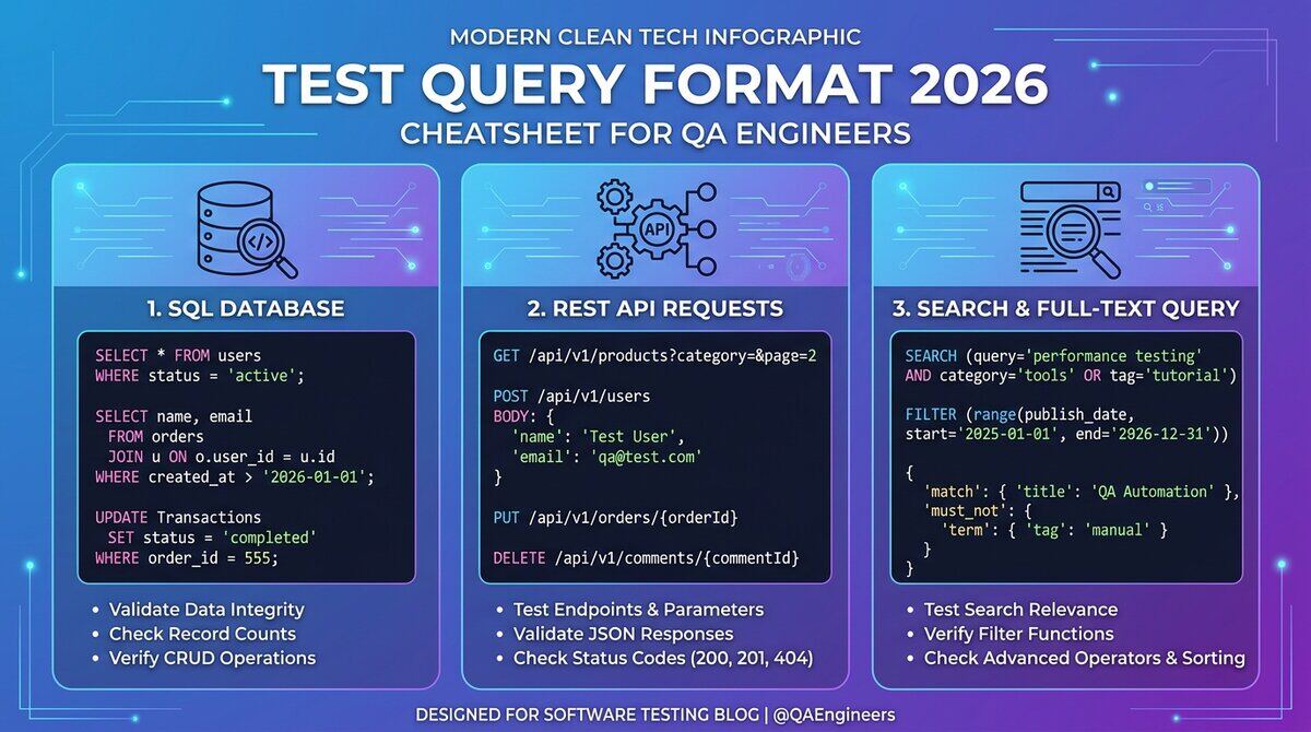 Test Query Format cheat sheet infographic covering SQL, REST API, and Search formats for QA engineers