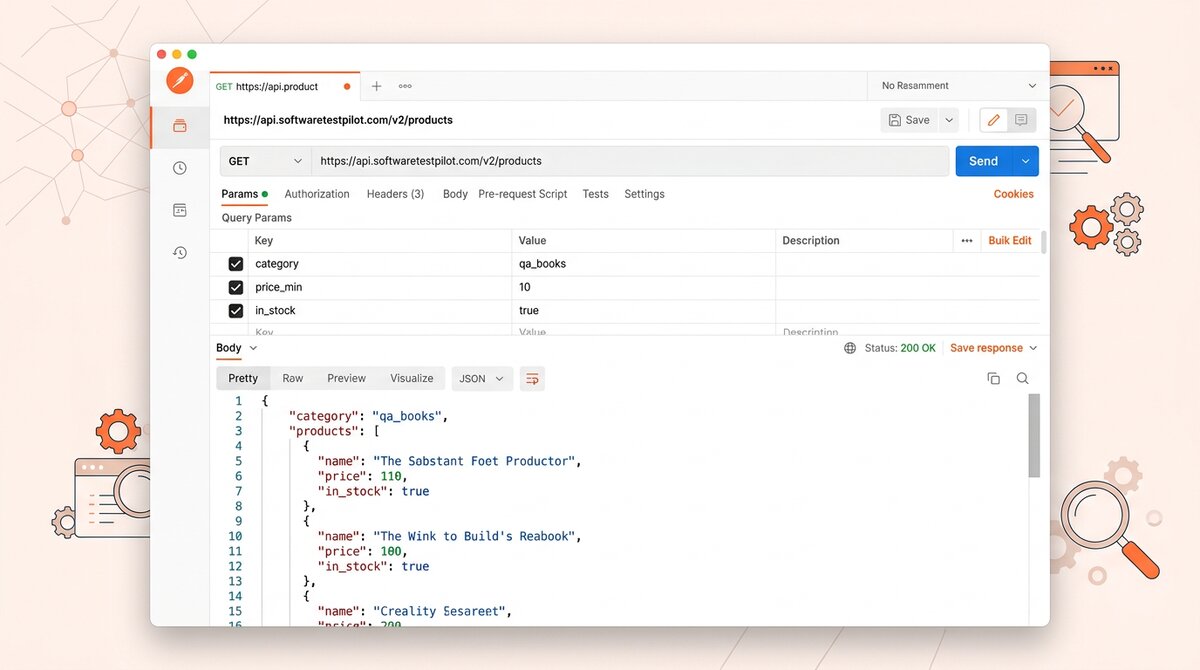 Latest REST API test query format shown in Postman with query params and JSON response
