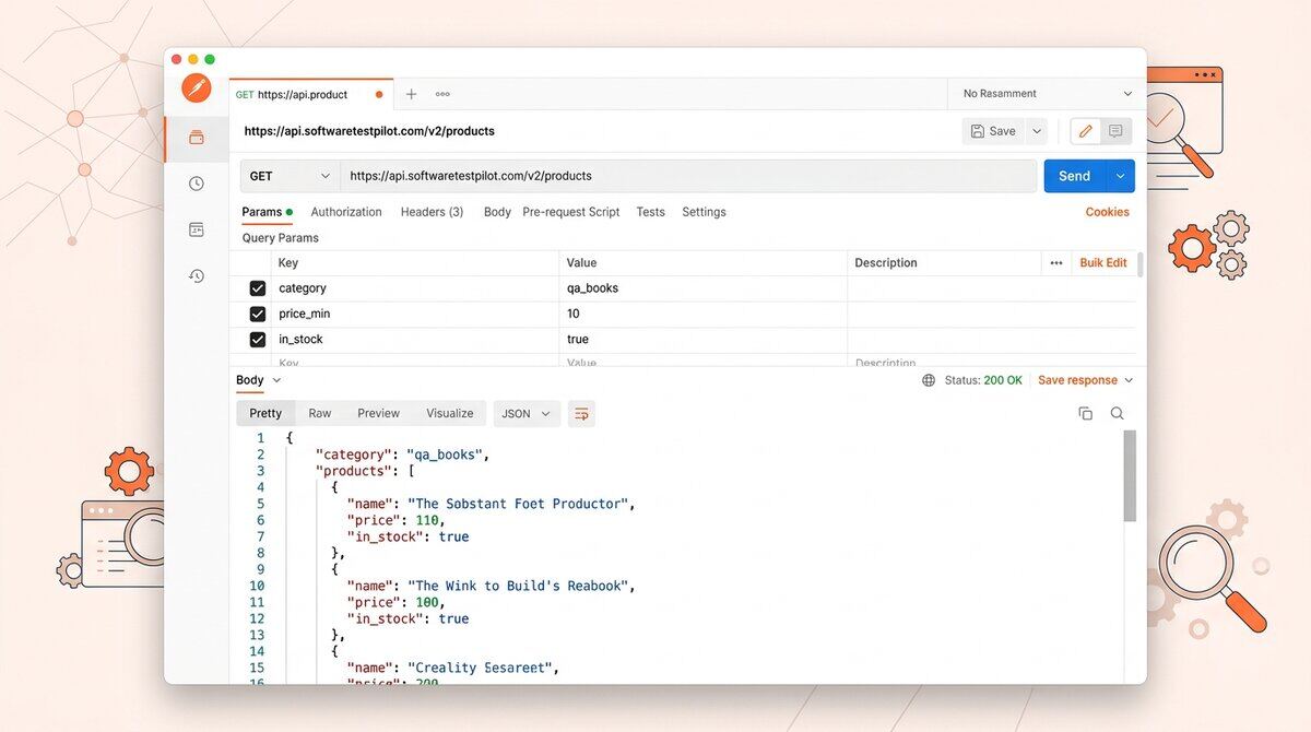 Latest REST API test query format shown in Postman with query params and JSON response