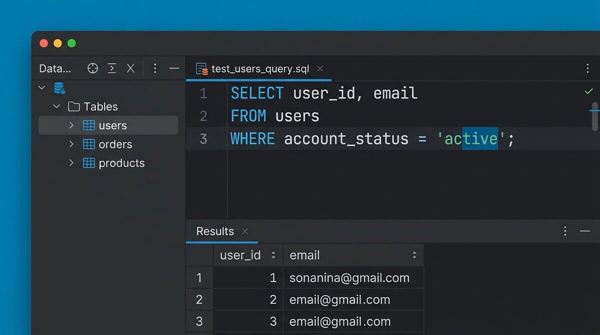 Latest test query format for SQL database testing shown in a dark SQL IDE