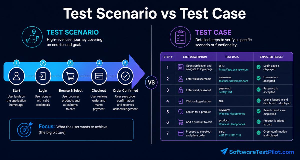 Editorial cover with a high-level journey arrow labeled Test Scenario next to a detailed checklist grid labeled Test Case, titled Test Scenario vs Test Case with the SoftwareTestPilot.com wordmark.