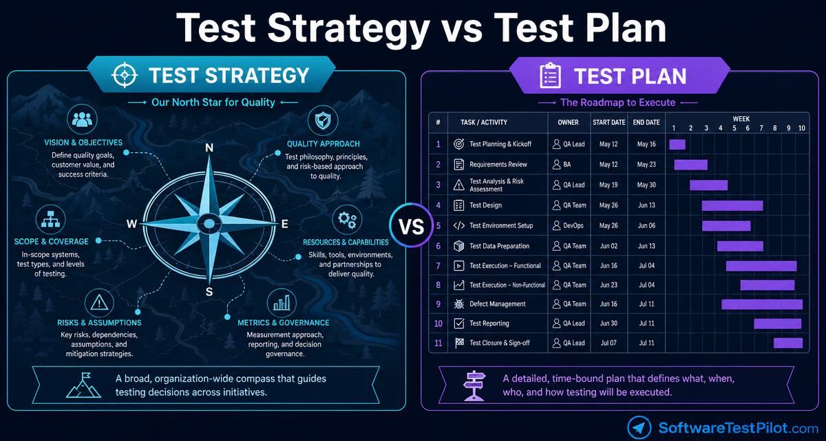 Editorial cover contrasting a broad compass-and-pillars Test Strategy panel with a detailed schedule Test Plan panel, titled Test Strategy vs Test Plan with the SoftwareTestPilot.com wordmark.