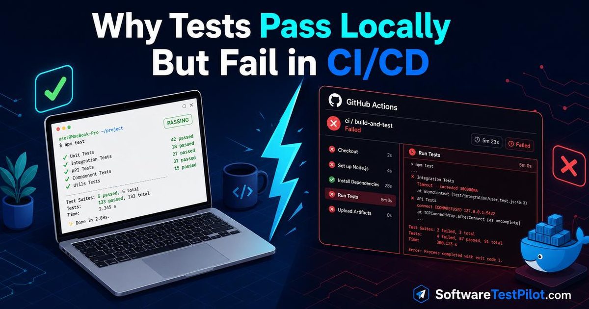 Split-screen editorial cover: a green passing local terminal on the left, a red failing GitHub Actions CI pipeline with a Docker whale on the right, joined by a lightning divider. SoftwareTestPilot.com wordmark in the corner.