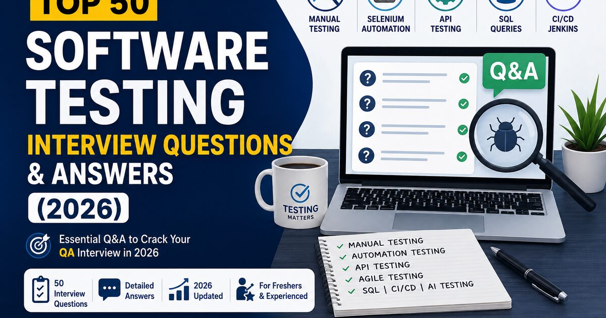 Top 50 software testing interview questions and answers 2026 — QA interview preparation guide covering manual testing, Selenium, API testing, SQL and CI/CD.