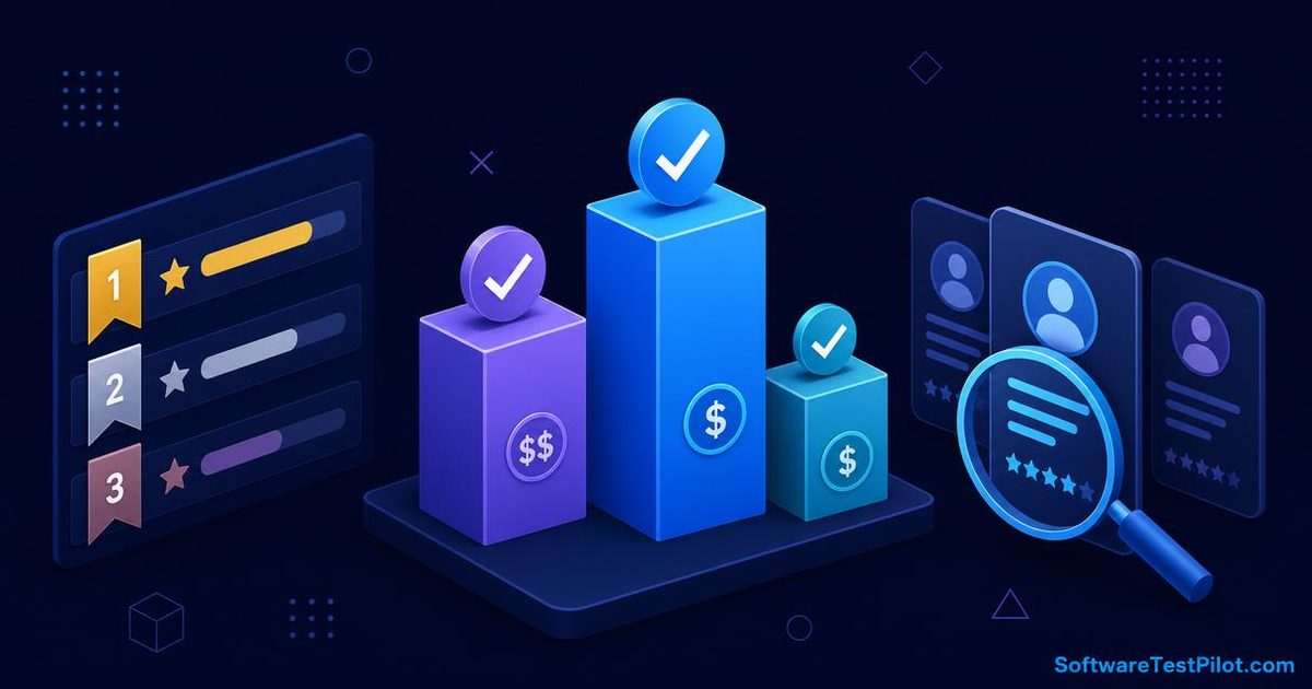 Flat editorial cover comparing top freelance platforms for QA testers — a tiered leaderboard, three platform podiums with currency badges, and candidate review cards on a deep navy background.