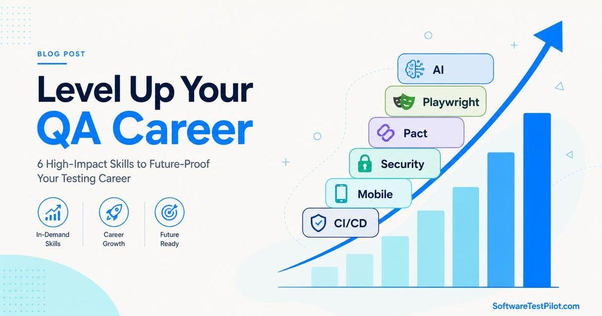 Flat editorial cover with an ascending bar chart and skill badges (AI, Playwright, Pact, Security, Mobile, CI/CD) climbing upward in brand-blue.
