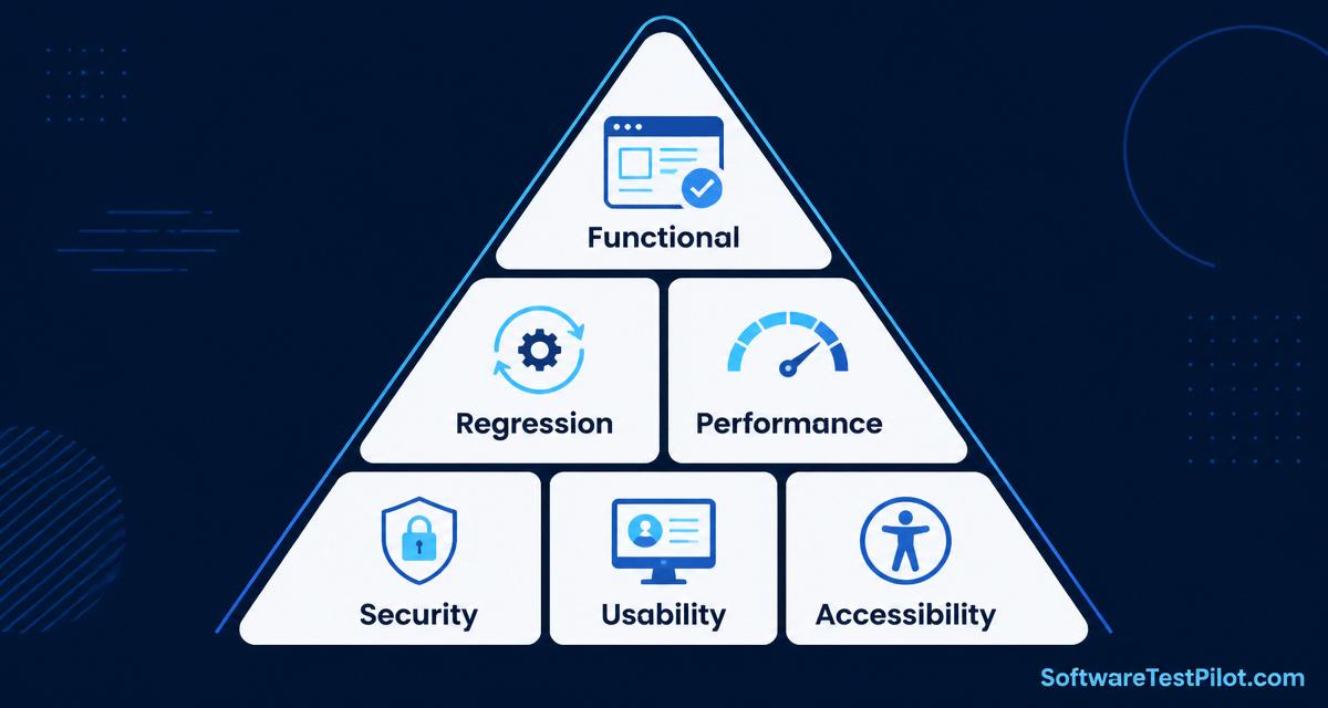 Types of software testing 2026 — isometric pyramid showing functional and non-functional testing branches