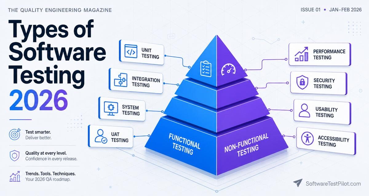 Types of software testing 2026 — isometric pyramid showing functional and non-functional testing branches