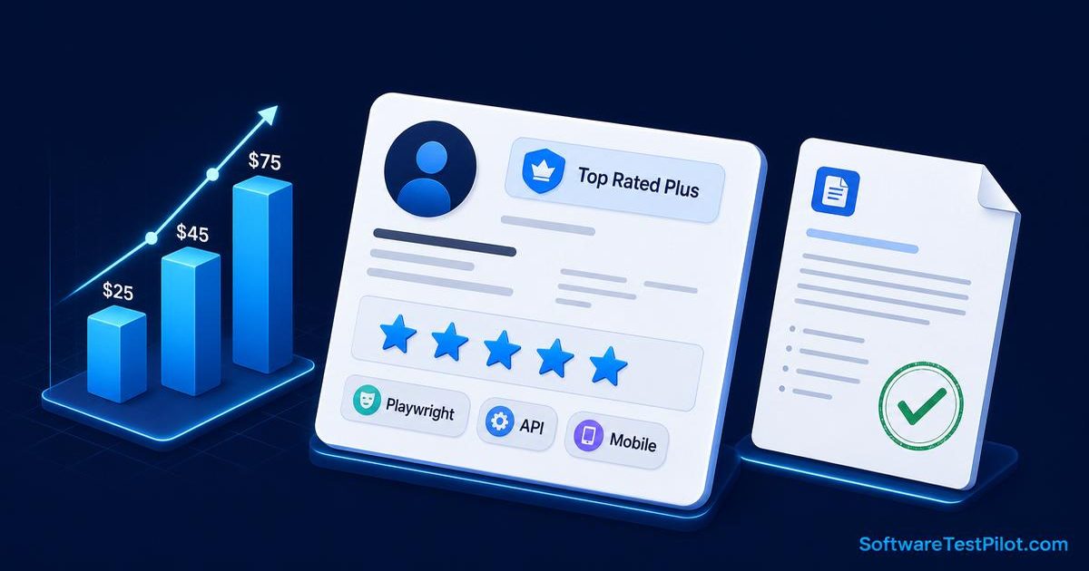 Flat editorial cover showing an Upwork-style QA freelancer profile card with a Top Rated Plus badge, 5-star rating, skill chips, and a rising hourly-rate bar chart on a deep navy background.