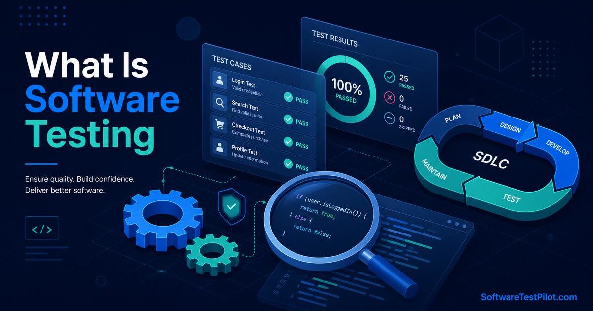 What is software testing — SDLC loop, test cases and code magnifier illustration