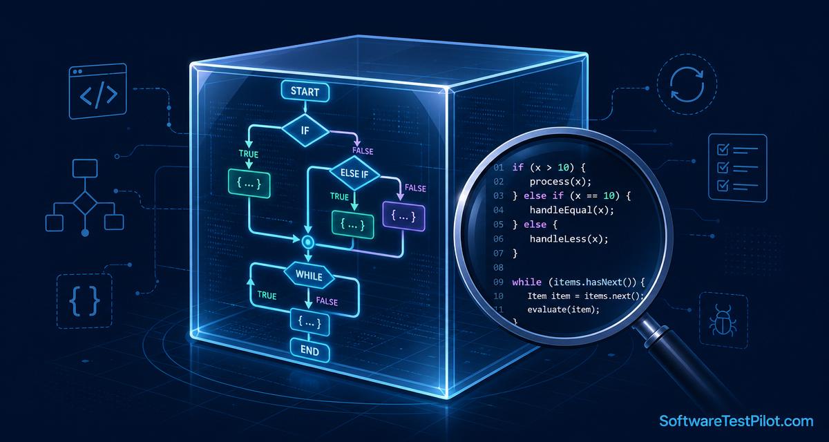 Editorial cover showing a transparent glass box revealing internal code flowcharts and if/else branches with a magnifying glass over source code, and the SoftwareTestPilot.com wordmark.