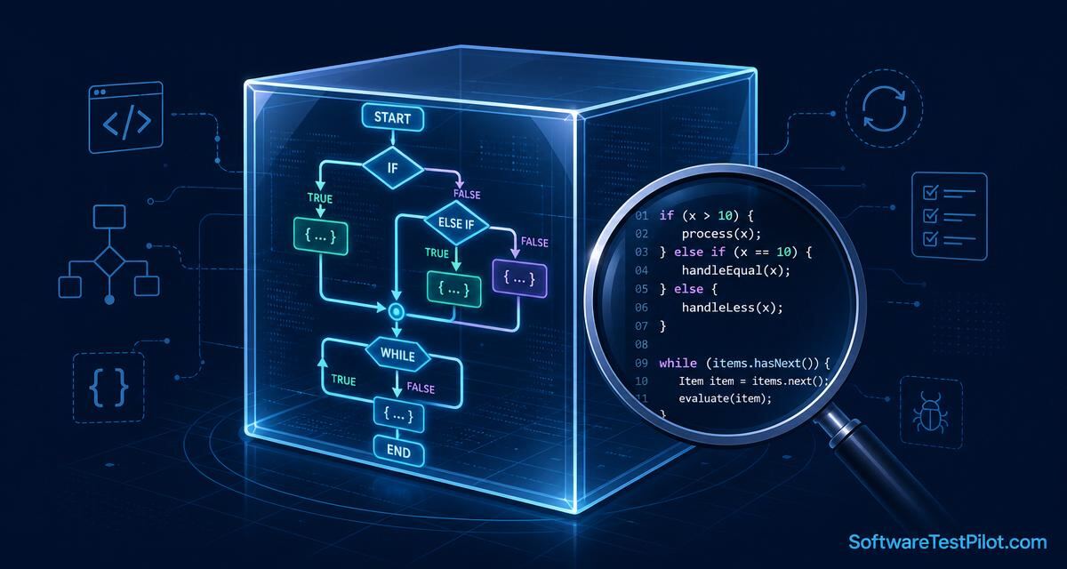 Editorial cover showing a transparent glass box revealing internal code flowcharts and if/else branches with a magnifying glass over source code, and the SoftwareTestPilot.com wordmark.