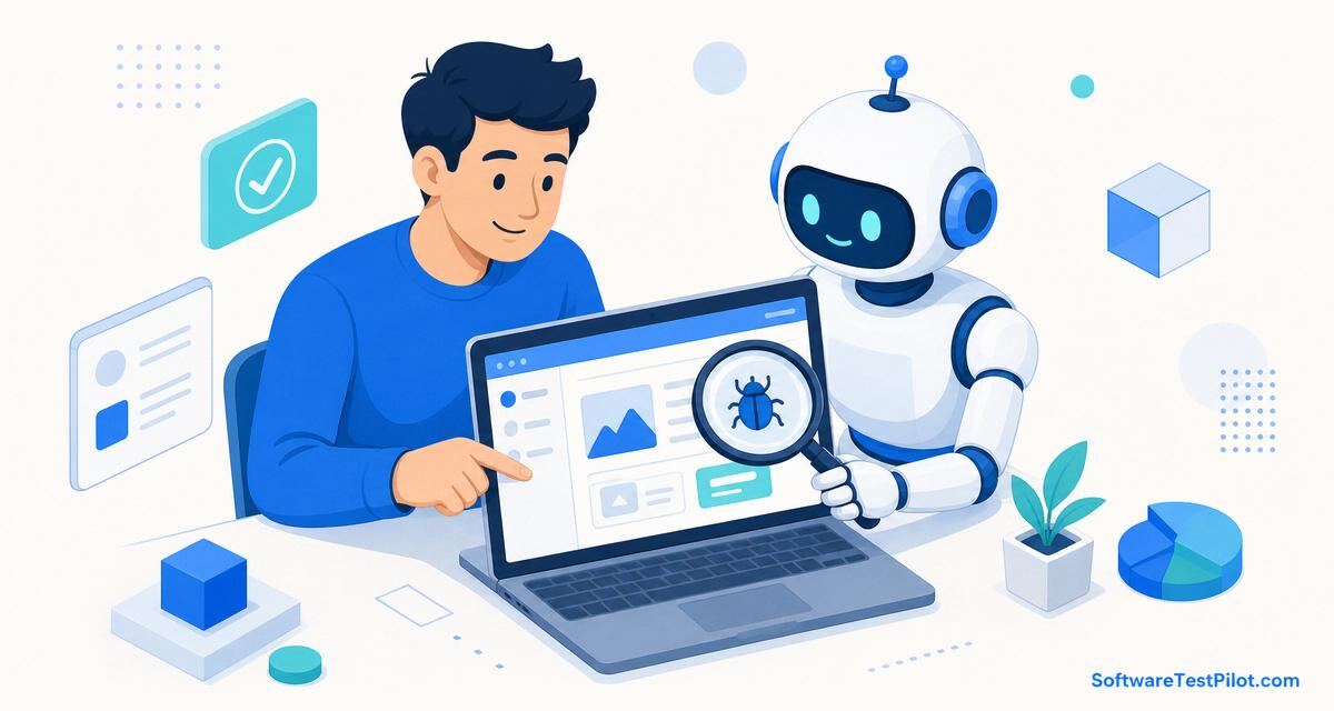Manual QA tester collaborating with an AI assistant on exploratory testing tasks in 2026