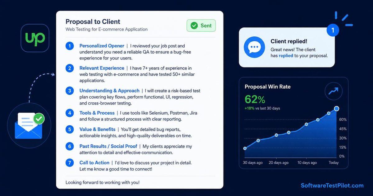 Flat editorial cover showing a structured 7-line Upwork QA proposal card with a Sent badge, a client reply notification, and a rising proposal win-rate chart on a deep navy background.