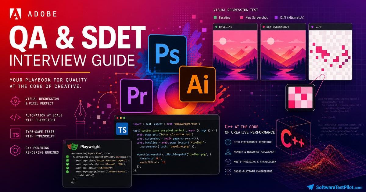 Editorial cover illustrating the Adobe QA / SDET interview loop.