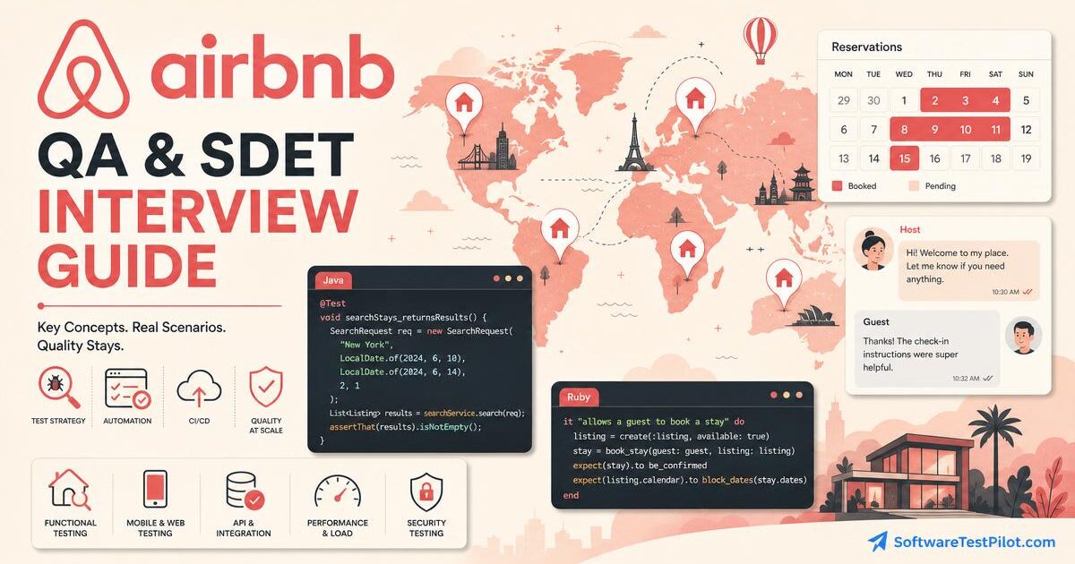Editorial cover illustrating the Airbnb QA / SDET interview loop.