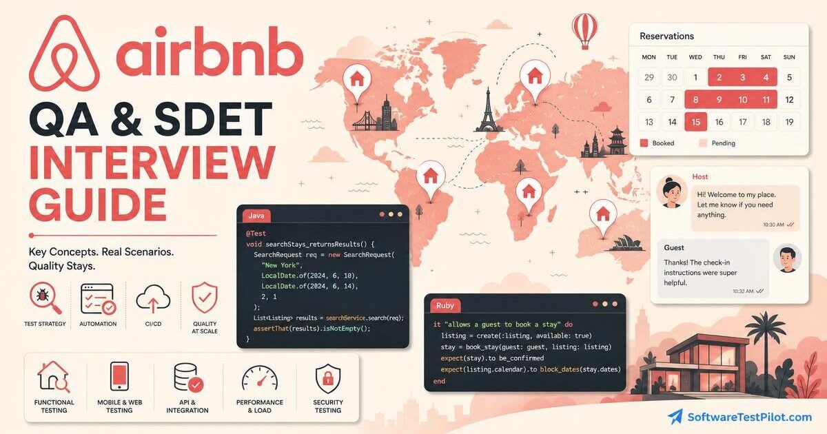 Editorial cover illustrating the Airbnb QA / SDET interview loop.