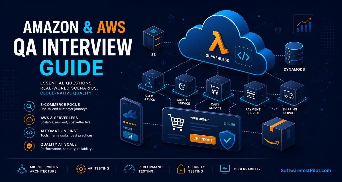 Editorial cover illustrating the Amazon QAE and SDET interview loop with AWS serverless, DynamoDB, microservices, and Leadership Principles motifs.